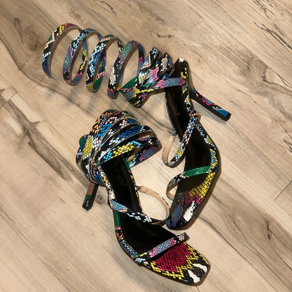 Multi colored faux, snake skin heels